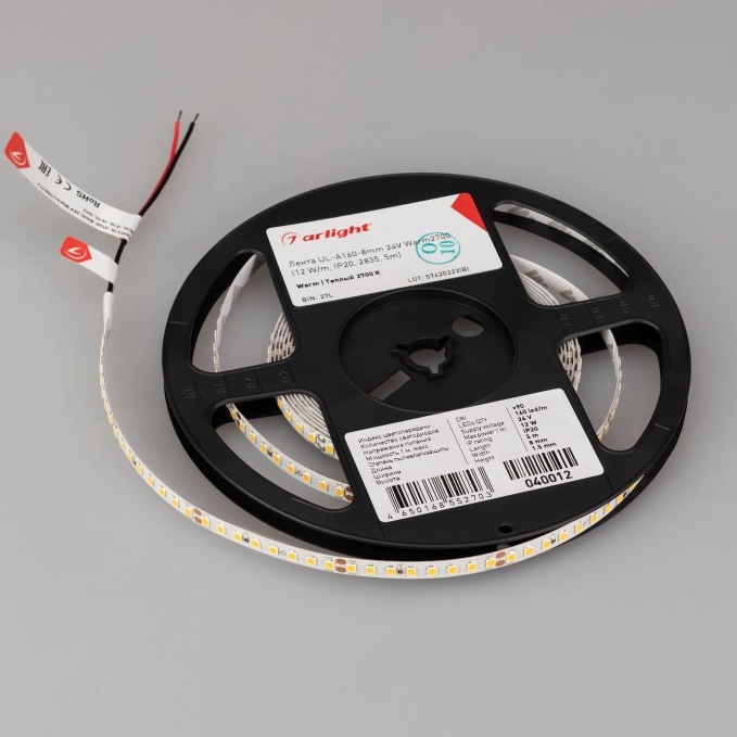 Светодиодная лента UL-A160-8mm 24V Warm2700 (12 W/m, IP20, 2835, 5m), Arlight, 040012, изображение 2 Светодиодная лента UL-A160-8mm 24V Warm2700 (12 W/m, IP20, 2835, 5m), Arlight, 040012, изображение 2