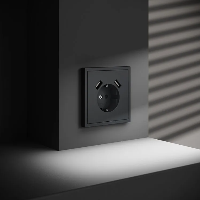 Накладка для розетки с заземлением и защитными шторками, с USB A+A, S70 (графит), Voltum, VLS000907 Накладка для розетки с заземлением и защитными шторками, с USB A+A, S70 (графит), Voltum, VLS000907