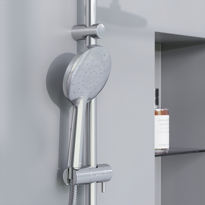 Душевая система Damixa Jupiter 977770000 стойка с тропическим душем, гигиеническим душем, смесителем, изливом, хром Душевая система Damixa Jupiter 977770000 стойка с тропическим душем, гигиеническим душем, смесителем, изливом, хром
