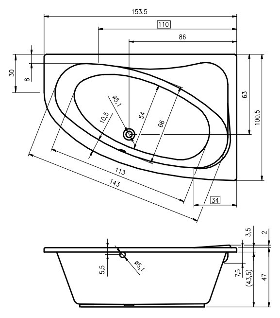 Ванна акриловая Riho Lyra 155x100 L B022001005 угловая