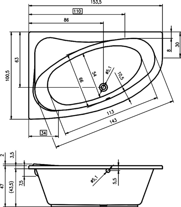 Ванна акриловая Riho Lyra 155x100 R B021001005 угловая