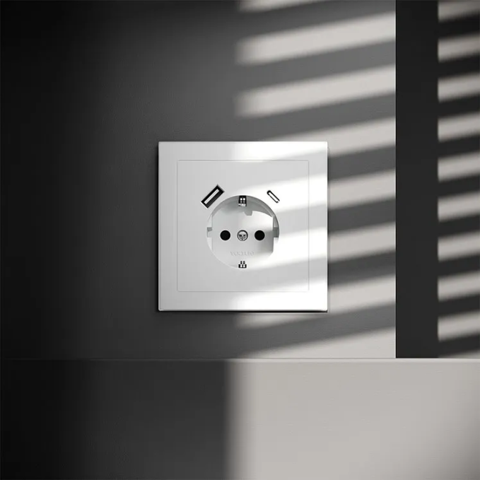 Накладка для розетки с заземлением и защитными шторками, с USB A+C, S70 (белый матовый), Voltum, VLS001002