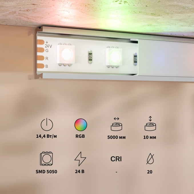 Светодиодная лента Базовая 24В 5050 14,4Вт/м Цветная (RGB) 5м IP 20 201197, 201197, изображение 2