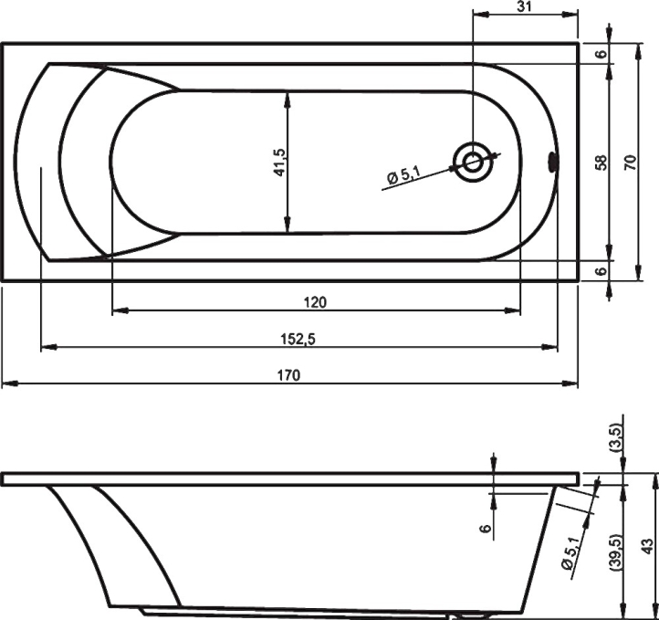 Ванна акриловая Riho Miami 170x70 B060001005 пристенная