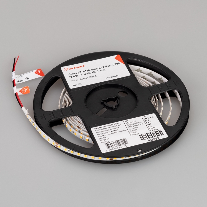 Светодиодная лента RT-A128-8mm 24V Warm2700 (9.6 W/m, IP20, 2835, 5m), Arlight, 038759, изображение 5 Светодиодная лента RT-A128-8mm 24V Warm2700 (9.6 W/m, IP20, 2835, 5m), Arlight, 038759, изображение 5