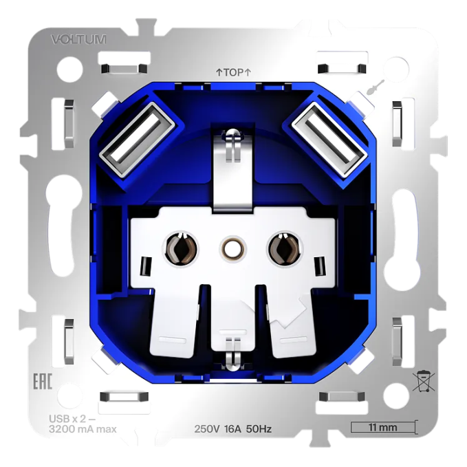 Механизм розетки с заземлением и защитными шторками 16А, с USB A+A, S70, Voltum, VLS0404M