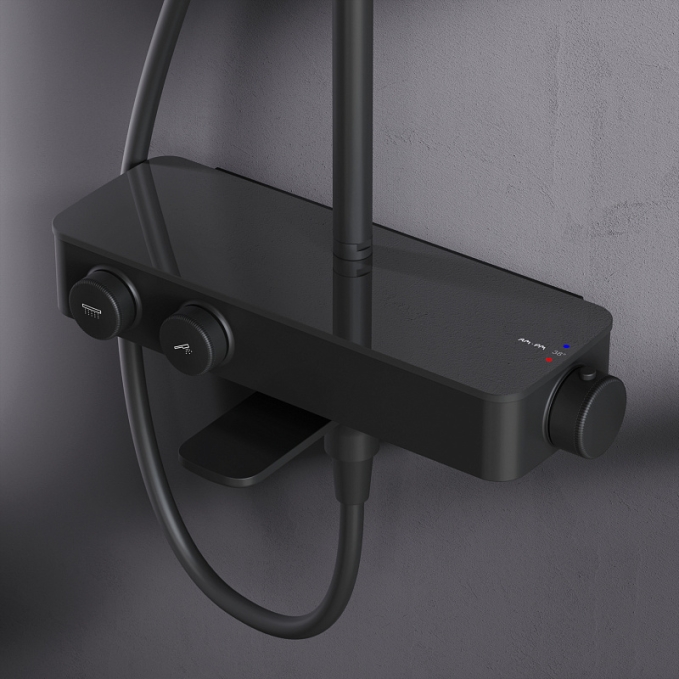 Душевая система AM.PM Inspire 2.0 F0750A522 стойка с тропическим душем, термостатом, смесителем, изливом, черная матовая Душевая система AM.PM Inspire 2.0 F0750A522 стойка с тропическим душем, термостатом, смесителем, изливом, черная матовая