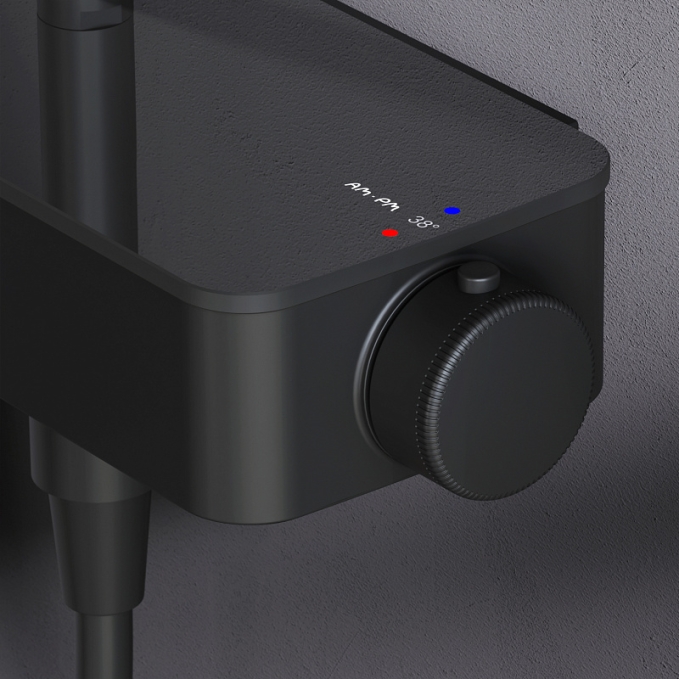 Душевая система AM.PM Inspire 2.0 F0750A522 стойка с тропическим душем, термостатом, смесителем, изливом, черная матовая Душевая система AM.PM Inspire 2.0 F0750A522 стойка с тропическим душем, термостатом, смесителем, изливом, черная матовая