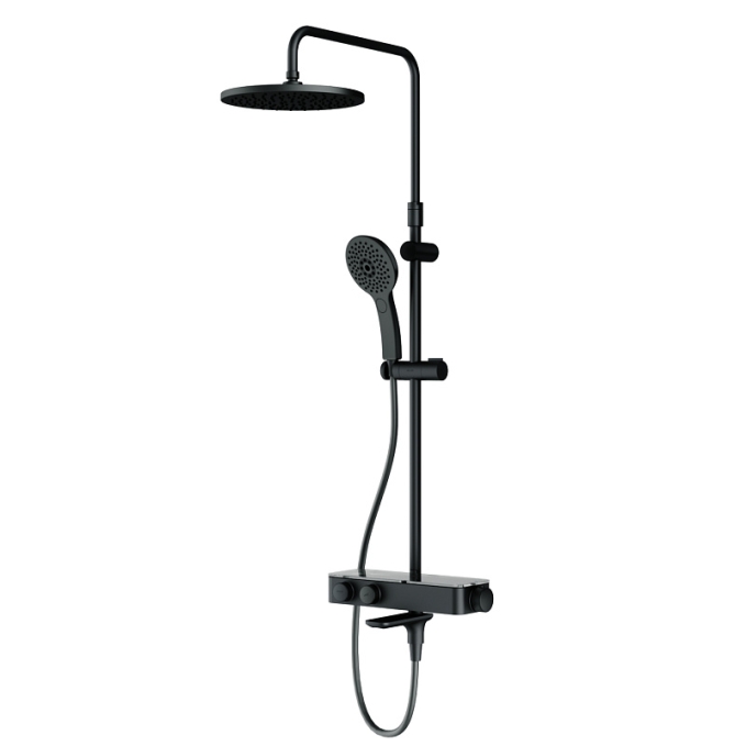 Душевая система AM.PM Inspire 2.0 F0750A522 стойка с тропическим душем, термостатом, смесителем, изливом, черная матовая Душевая система AM.PM Inspire 2.0 F0750A522 стойка с тропическим душем, термостатом, смесителем, изливом, черная матовая