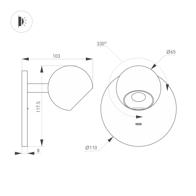 Светильник SP-OTTORI-WALL-CHARGE-6W Warm3000 (BK, 30 deg, 230V, USB-C), Arlight, 058480
