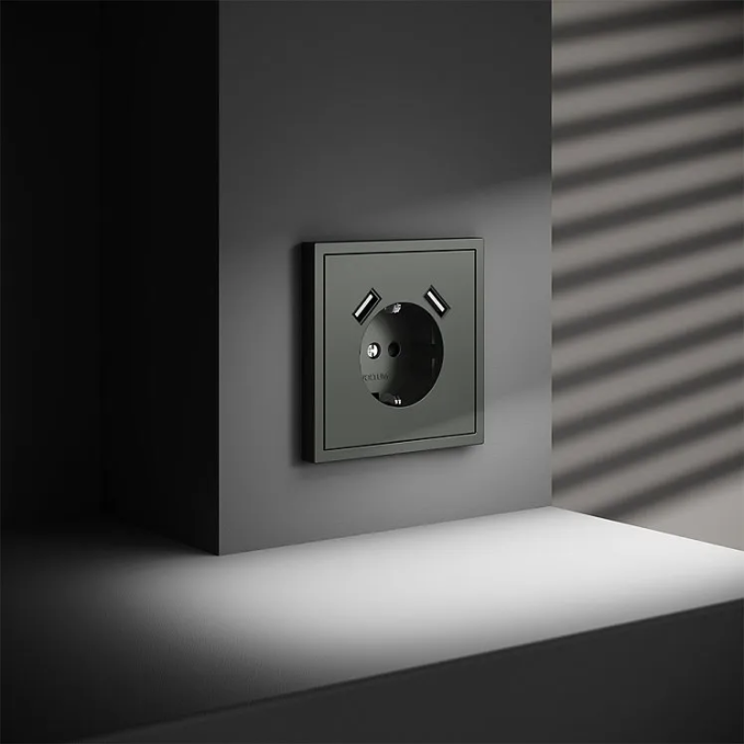 Розетка встраиваемая VOLTUM S70 с заземлением и защитными шторками, 16А, с USB, A+A, (титан), Voltum, VLS040406 Розетка встраиваемая VOLTUM S70 с заземлением и защитными шторками, 16А, с USB, A+A, (титан), Voltum, VLS040406