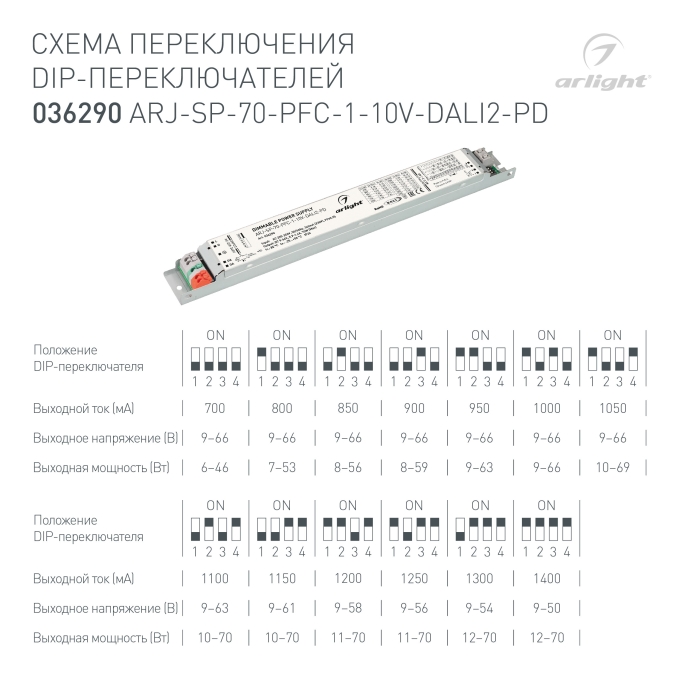 Блок питания ARJ-SP-70-PFC-1-10V-DALI2-PD (70W, 9-66V, 0.7-1.4A), Arlight, 036290, изображение 2 Блок питания ARJ-SP-70-PFC-1-10V-DALI2-PD (70W, 9-66V, 0.7-1.4A), Arlight, 036290, изображение 2