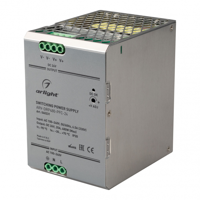 Блок питания ARV-DRP480-PFC-24 (24V, 20A, 480W), Arlight, 040231, изображение 1 Блок питания ARV-DRP480-PFC-24 (24V, 20A, 480W), Arlight, 040231, изображение 1