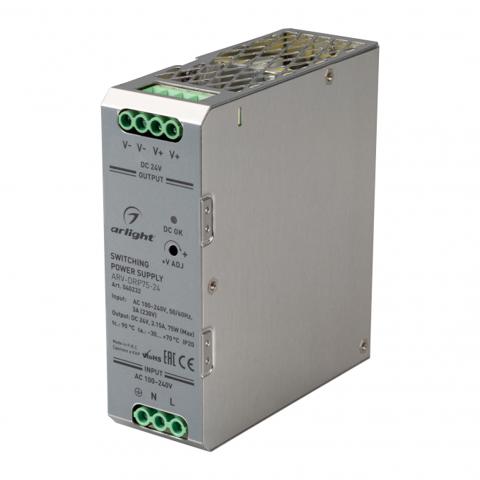 Блок питания ARV-DRP75-24 (24V, 3.15A, 75W), Arlight, 040232, изображение 1 Блок питания ARV-DRP75-24 (24V, 3.15A, 75W), Arlight, 040232, изображение 1