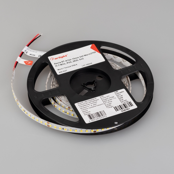 Светодиодная лента RT-A144-10mm 24V Warm2700 (7.7 W/m, IP20, 2835, 5m), Arlight, 038781, изображение 5 Светодиодная лента RT-A144-10mm 24V Warm2700 (7.7 W/m, IP20, 2835, 5m), Arlight, 038781, изображение 5