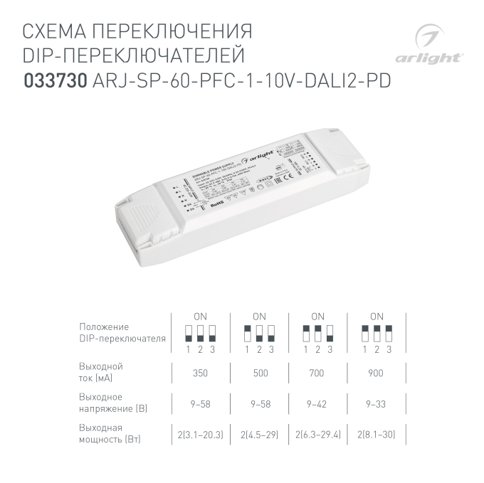 Блок питания ARJ-SP-60-PFC-1-10V-DALI2-PD (60W, 9-58V, 2x0.3-0.9A), Arlight, 033730, изображение 2