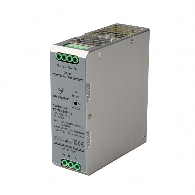 Блок питания ARV-DRP75-48 (48V, 1.6A, 75W), Arlight, 052805, изображение 1 Блок питания ARV-DRP75-48 (48V, 1.6A, 75W), Arlight, 052805, изображение 1