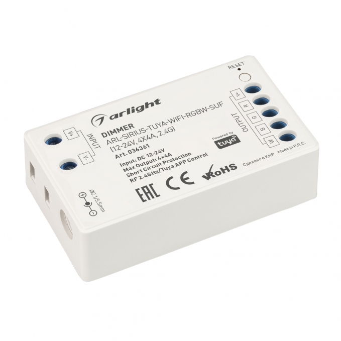 Диммер ARL-SIRIUS-TUYA-WIFI-RGBW-SUF (12-24V, 4x4A, 2.4G), Arlight, 036361, изображение 1 Диммер ARL-SIRIUS-TUYA-WIFI-RGBW-SUF (12-24V, 4x4A, 2.4G), Arlight, 036361, изображение 1