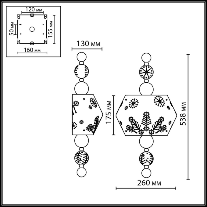 Бра E14 2*40W KARELIA PENDANT ODL_EX26 031 ODEON LIGHT 5444/1WA, схема товара Бра E14 2*40W KARELIA PENDANT ODL_EX26 031 ODEON LIGHT 5444/1WA, схема товара