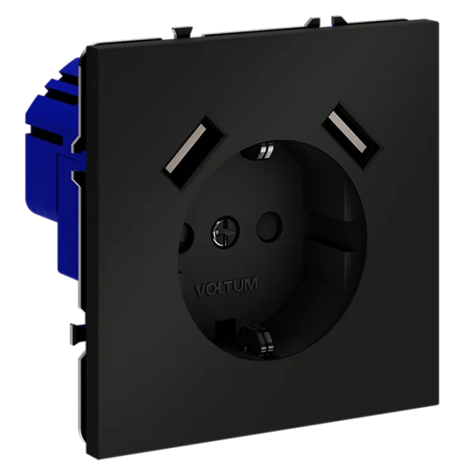 Розетка встраиваемая VOLTUM S70 с заземлением и защитными шторками, 16А, с USB, A+A, (черный матовый, Voltum, VLS040408 Розетка встраиваемая VOLTUM S70 с заземлением и защитными шторками, 16А, с USB, A+A, (черный матовый, Voltum, VLS040408