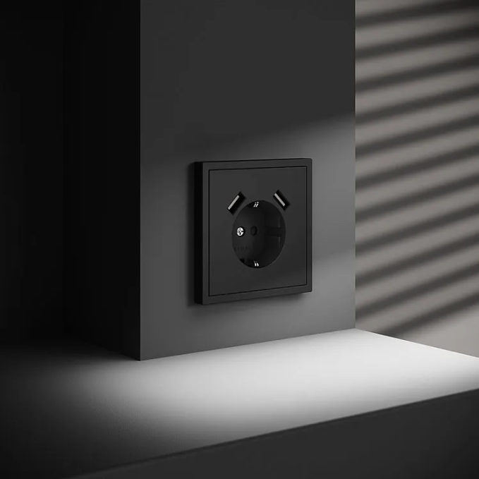 Розетка встраиваемая VOLTUM S70 с заземлением и защитными шторками, 16А, с USB, A+A, (черный матовый, Voltum, VLS040408 Розетка встраиваемая VOLTUM S70 с заземлением и защитными шторками, 16А, с USB, A+A, (черный матовый, Voltum, VLS040408