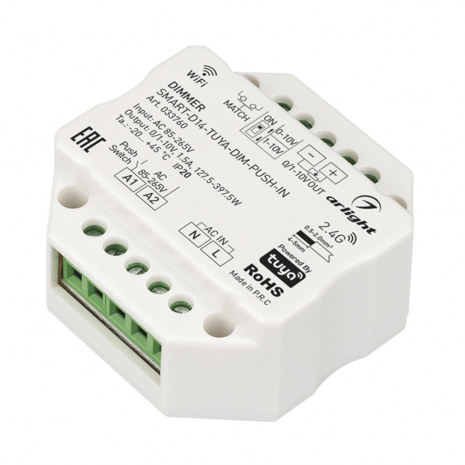 Диммер SMART-D14-TUYA-DIM-PUSH-IN (230V, 1.5A, 0/1-10V, 2.4G), Arlight, 033760, изображение 1 Диммер SMART-D14-TUYA-DIM-PUSH-IN (230V, 1.5A, 0/1-10V, 2.4G), Arlight, 033760, изображение 1