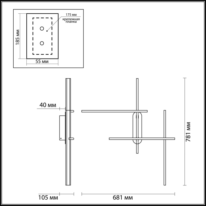Настенный светильник LED 3000/3800/4800K (перекл. ч/з тумблер) 33W 220V RUDY L-VISION ODL20 311 ODEON LIGHT 3890/36WLP, схема товара