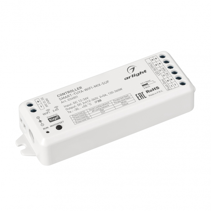 Контроллер SMART-TUYA-WIFI-MIX-SUF (12-36V, 2x5A, 2.4G), Arlight, 034501, изображение 1 Контроллер SMART-TUYA-WIFI-MIX-SUF (12-36V, 2x5A, 2.4G), Arlight, 034501, изображение 1