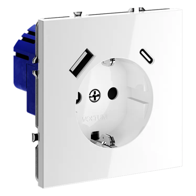 Розетка встраиваемая VOLTUM S70 с заземлением и защитными шторками, 16А, с USB, A+С, (белый глянцевы, Voltum, VLS040501 Розетка встраиваемая VOLTUM S70 с заземлением и защитными шторками, 16А, с USB, A+С, (белый глянцевы, Voltum, VLS040501