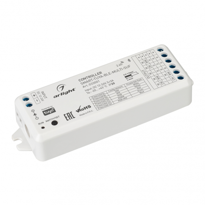 Контроллер SMART-TUYA-BLE-MULTI-SUF (12-24V, 5x3A, RGB-MIX, 2.4G), Arlight, 033001, изображение 1 Контроллер SMART-TUYA-BLE-MULTI-SUF (12-24V, 5x3A, RGB-MIX, 2.4G), Arlight, 033001, изображение 1