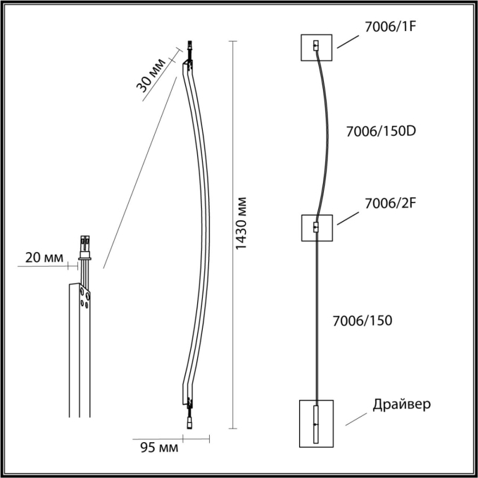 Дуговой элемент для инсталляции 1500мм IP20 LED 21W Лм 3000K CRI > 90 FINO HIGHTECH ODL25 262 ODEON LIGHT 7006/150D, схема товара Дуговой элемент для инсталляции 1500мм IP20 LED 21W Лм 3000K CRI > 90 FINO HIGHTECH ODL25 262 ODEON LIGHT 7006/150D, схема товара