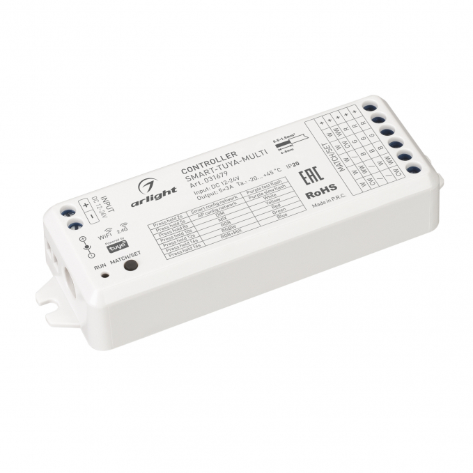 Контроллер SMART-TUYA-MULTI (12-24V, 5x3A, RGB-MIX, 2.4G), Arlight, 031679, изображение 1 Контроллер SMART-TUYA-MULTI (12-24V, 5x3A, RGB-MIX, 2.4G), Arlight, 031679, изображение 1