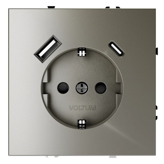 Розетка встраиваемая VOLTUM S70 с заземлением и защитными шторками, 16А, с USB, A+С, (шелк), Voltum, VLS040504