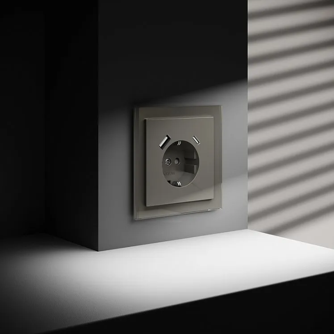 Розетка встраиваемая VOLTUM S70 с заземлением и защитными шторками, 16А, с USB, A+С, (шелк), Voltum, VLS040504