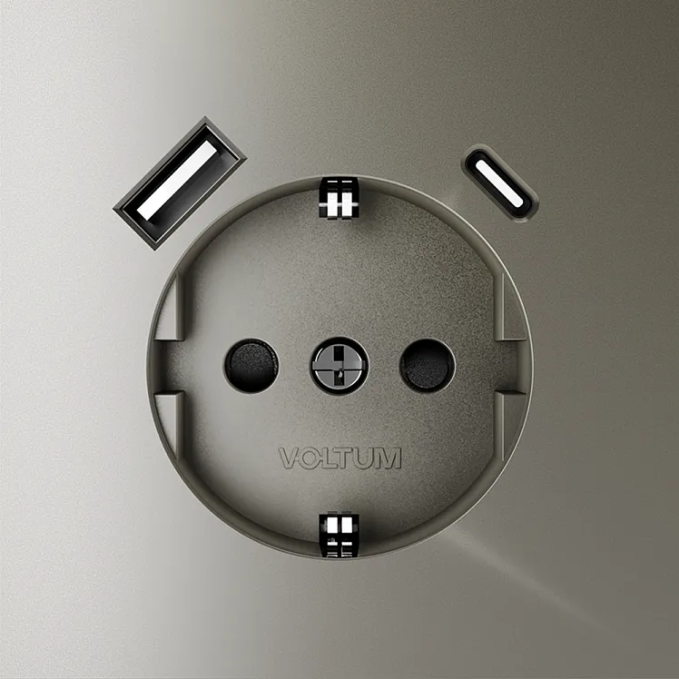 Розетка встраиваемая VOLTUM S70 с заземлением и защитными шторками, 16А, с USB, A+С, (шелк), Voltum, VLS040504