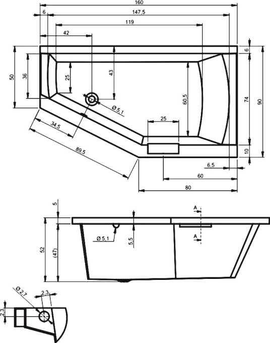 Ванна акриловая Riho Geta 160x90 L B030001005 угловая