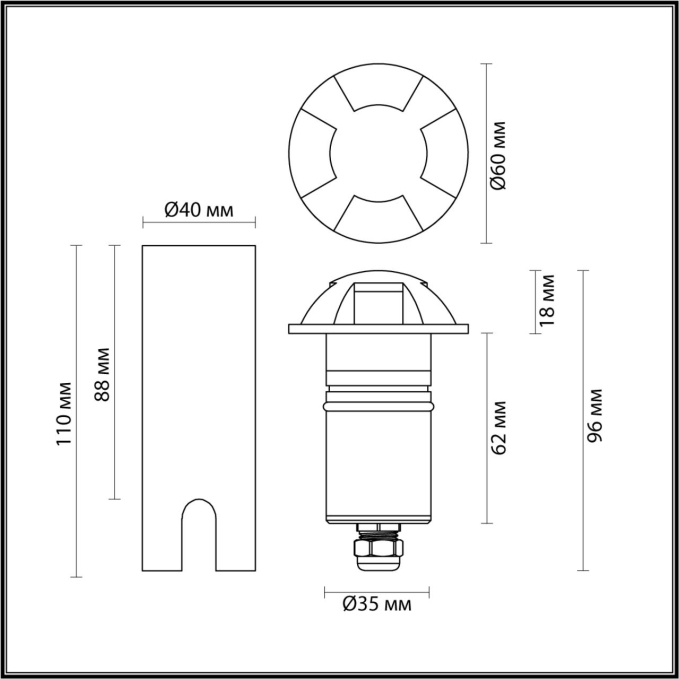 Встраиваемый грунтовый светильник IP67 LED 3W 3000K 60° 12V/24V WALD (нужен драйвер 357781/357782) NATURE ODL25 691 ODEON LIGHT 6662/3GL3, схема товара