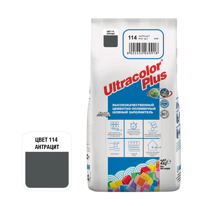 Затирка цементная Mapei Ultracolor Plus №114 Антрацит, 2 кг Затирка цементная Mapei Ultracolor Plus №114 Антрацит, 2 кг