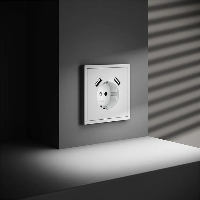 Розетка встраиваемая VOLTUM S70 с заземлением и защитными шторками, 16А, с USB, A+A, (белый матовый), Voltum, VLS040402