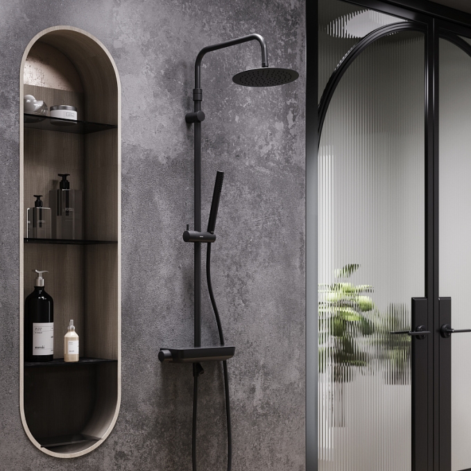 Душевая система Damixa Scandinavian Pure 936760300 стойка с тропическим душем, термостатом, смесителем, изливом, черная матовая Душевая система Damixa Scandinavian Pure 936760300 стойка с тропическим душем, термостатом, смесителем, изливом, черная матовая