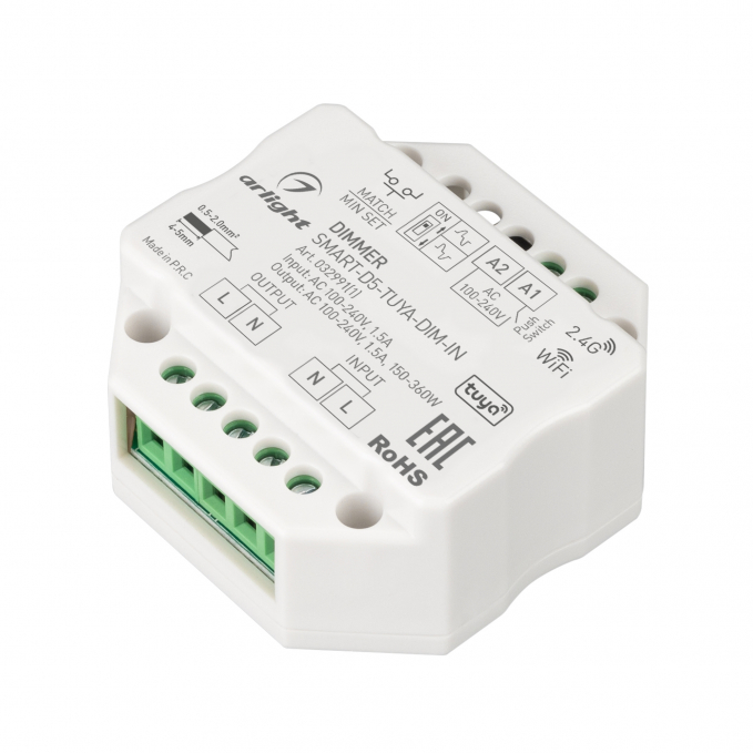Диммер SMART-D5-TUYA-DIM-IN (230V, 1.5A, TRIAC, WiFi, 2.4G), Arlight, 032991(1), изображение 1 Диммер SMART-D5-TUYA-DIM-IN (230V, 1.5A, TRIAC, WiFi, 2.4G), Arlight, 032991(1), изображение 1