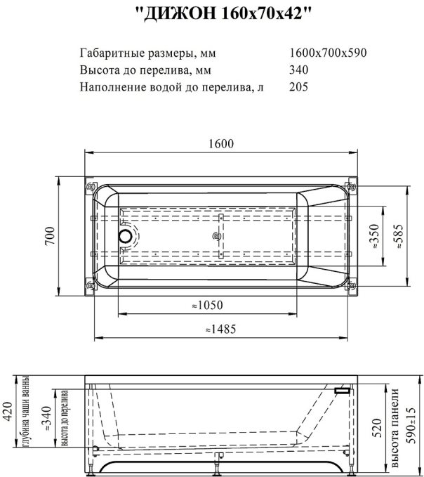 Ванна акриловая Radomir Дижон 160x70 2-01-0-0-1-263Р пристенная c каркасом