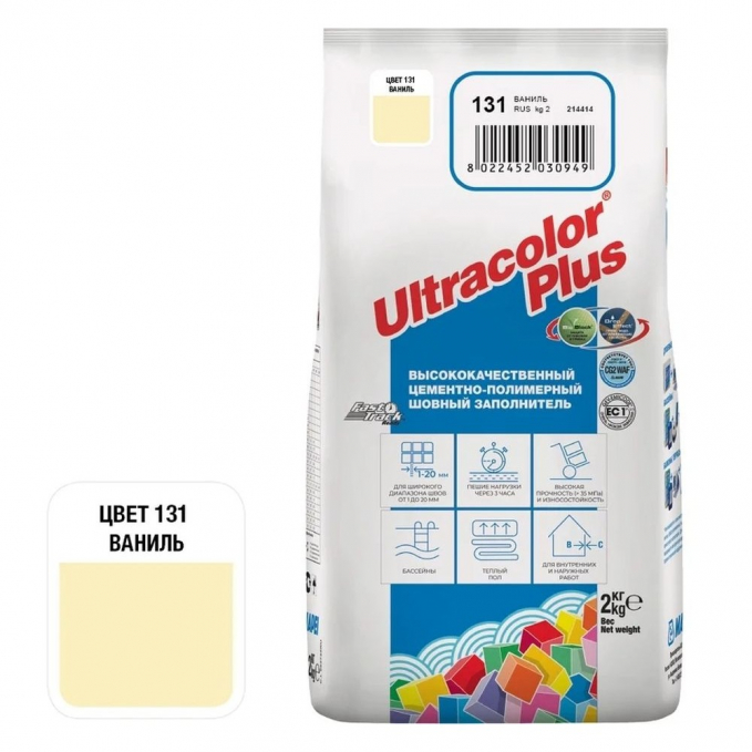 Затирка цементная Mapei Ultracolor Plus №131 Ваниль, 2 кг Затирка цементная Mapei Ultracolor Plus №131 Ваниль, 2 кг