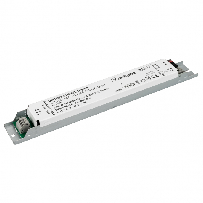 Блок питания ARV-LG-24060-LINEAR-PFC-DALI2-PD (24V, 2.5A, 60W), Arlight, 049480, изображение 1 Блок питания ARV-LG-24060-LINEAR-PFC-DALI2-PD (24V, 2.5A, 60W), Arlight, 049480, изображение 1