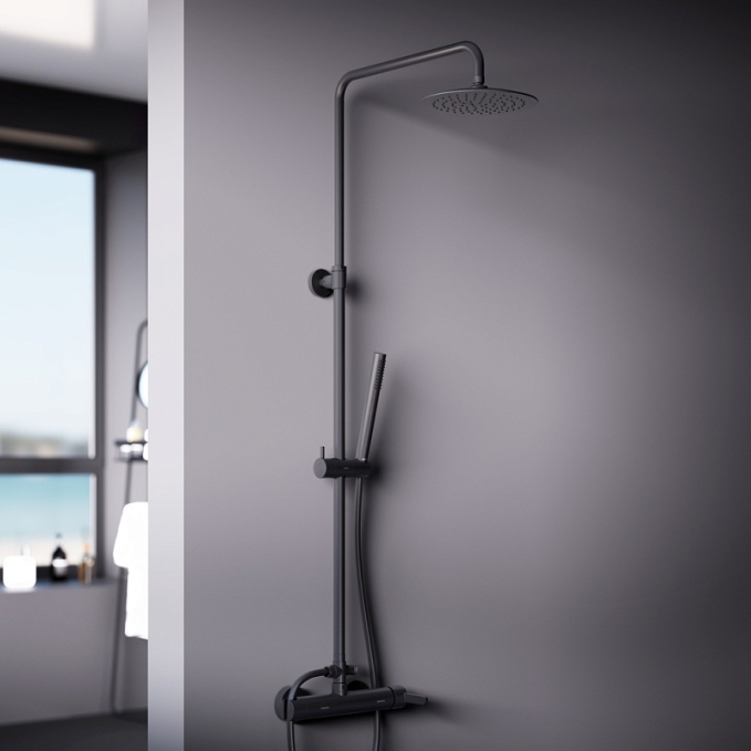 Душевая система Damixa Scandinavian Pure 936710300 стойка с тропическим душем, смесителем, черная матовая Душевая система Damixa Scandinavian Pure 936710300 стойка с тропическим душем, смесителем, черная матовая