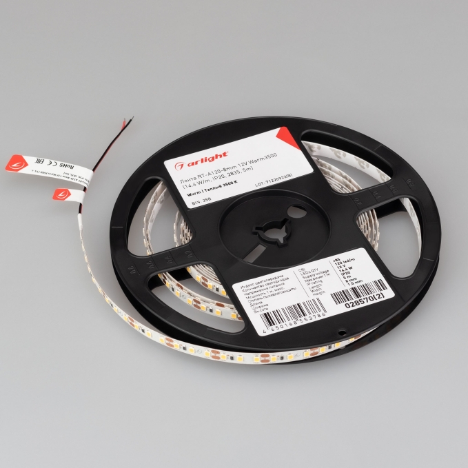Светодиодная лента RT-A120-8mm 12V Warm3500 (14.4 W/m, IP20, 2835, 5m), Arlight, 028570(2), изображение 4 Светодиодная лента RT-A120-8mm 12V Warm3500 (14.4 W/m, IP20, 2835, 5m), Arlight, 028570(2), изображение 4