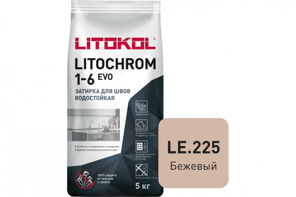 Затирка цементная Litokol Litochrom 1-6 Evo LE.225 Бежевый, 5 кг Затирка цементная Litokol Litochrom 1-6 Evo LE.225 Бежевый, 5 кг