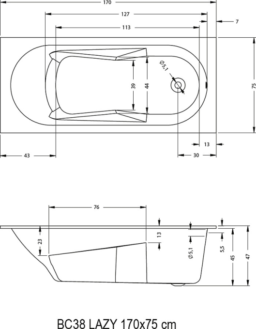 Ванна акриловая Riho Lazy 170x75 B078001005 пристенная Ванна акриловая Riho Lazy 170x75 B078001005 пристенная