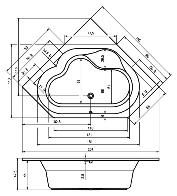 Ванна акриловая Riho Winnipeg 145x145 B010001005 угловая
