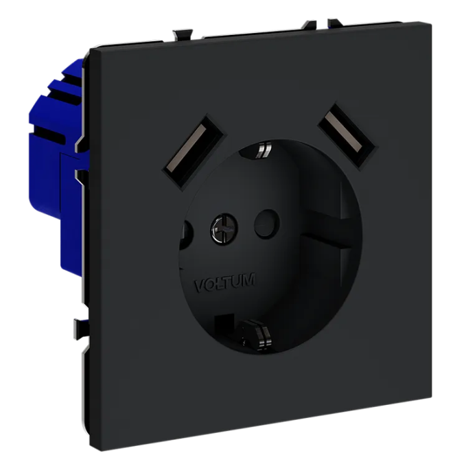 Розетка встраиваемая VOLTUM S70 с заземлением и защитными шторками, 16А, с USB, A+A, (графит), Voltum, VLS040407 Розетка встраиваемая VOLTUM S70 с заземлением и защитными шторками, 16А, с USB, A+A, (графит), Voltum, VLS040407